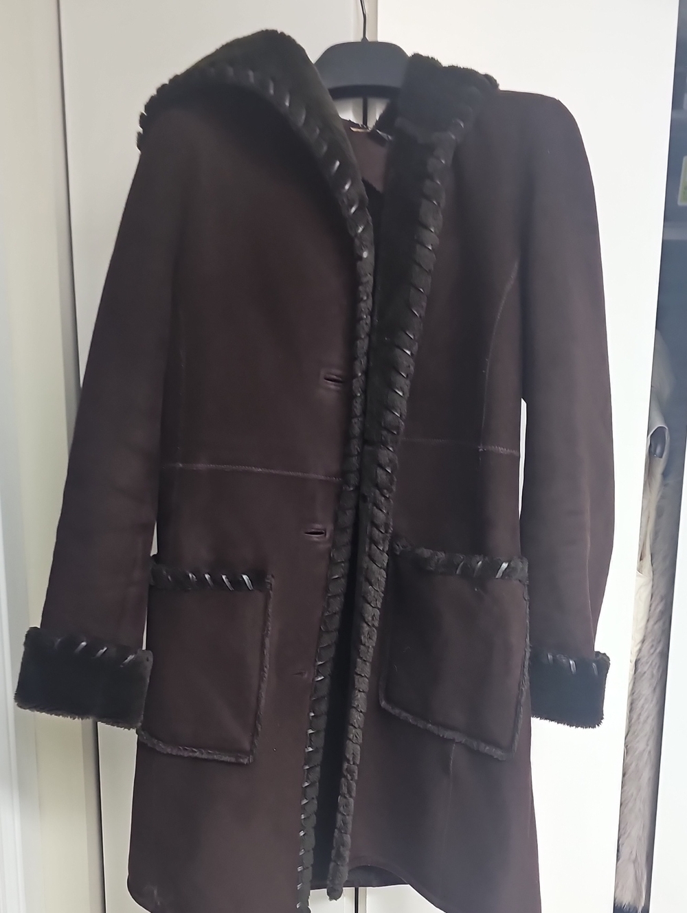 Chocolate Brown Shearling Hooded Coat